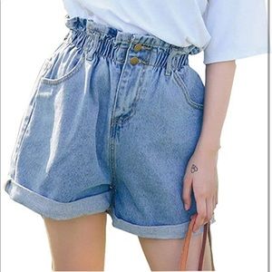 Plaid&Plain Women's High Waisted Denim Shorts Rolled Blue Jean Shorts